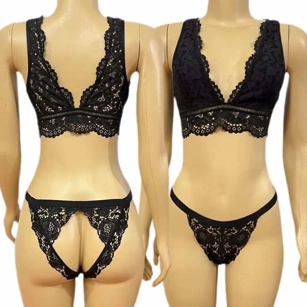 Victorias Secret Body Set Sexy Unlined Lace Bralette & Peekaboo Cheekini Panty L - Picture 2 of 4